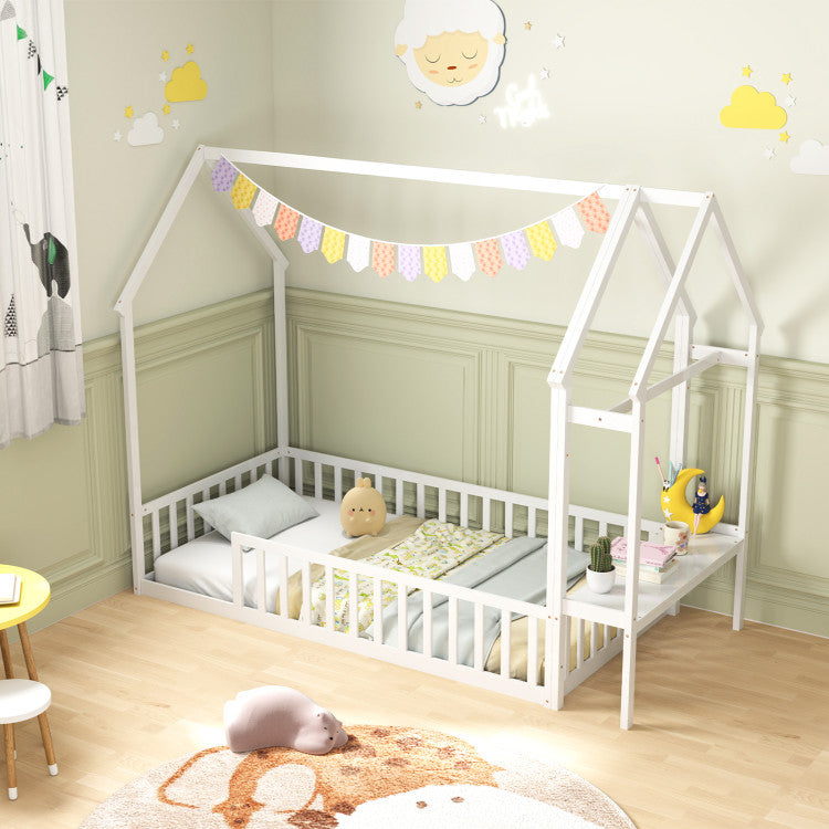Twin House Floor Bed with Storage Shelf & Clothes Hanger