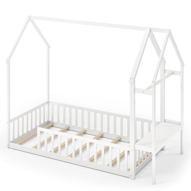 Twin House Floor Bed with Storage Shelf & Clothes Hanger
