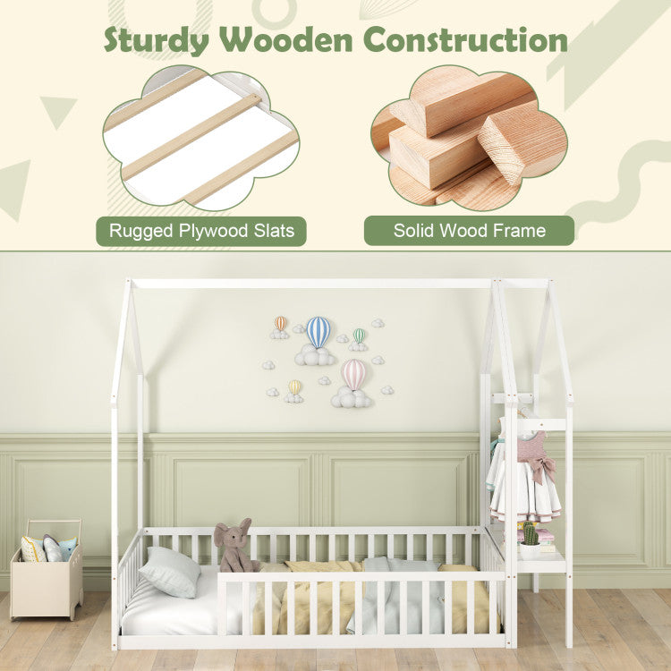 Twin House Floor Bed with Storage Shelf & Clothes Hanger