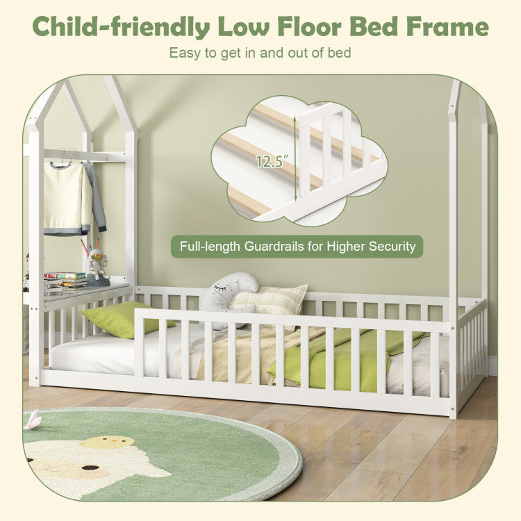 Twin House Floor Bed with Storage Shelf & Clothes Hanger
