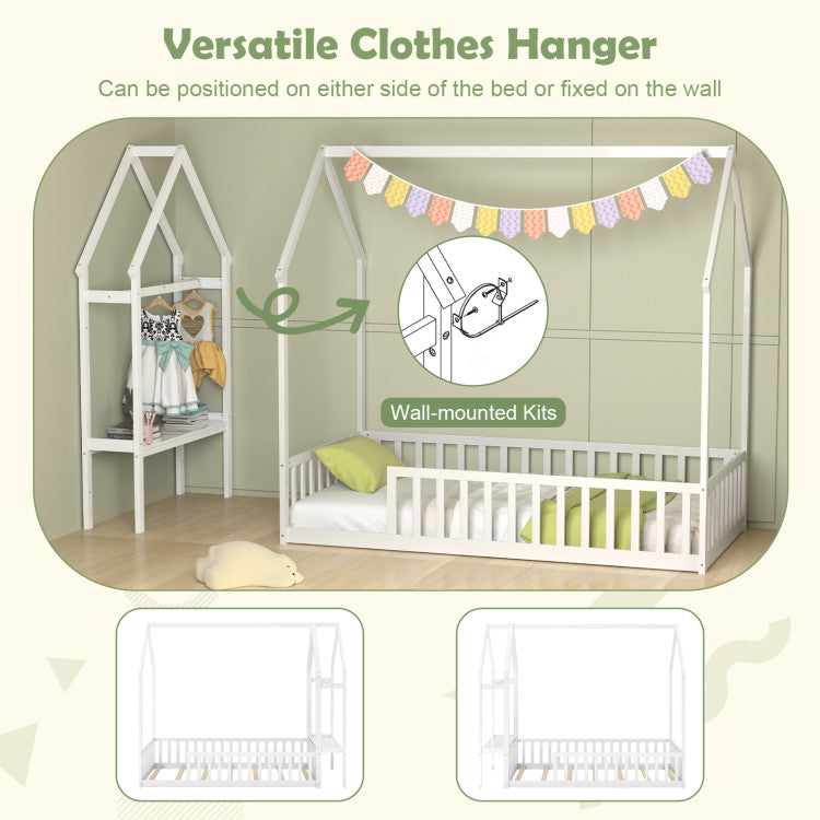 Twin House Floor Bed with Storage Shelf & Clothes Hanger