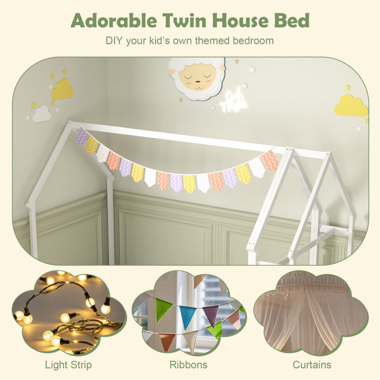 Twin House Floor Bed with Storage Shelf & Clothes Hanger