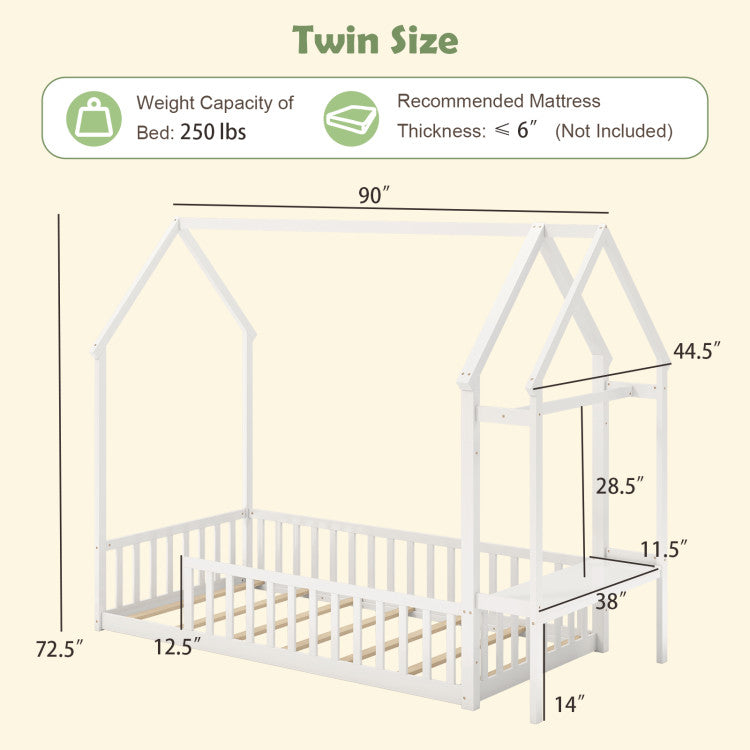 Twin House Floor Bed with Storage Shelf & Clothes Hanger