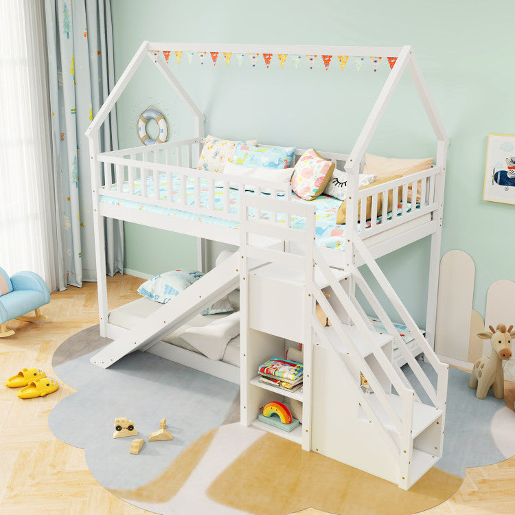 Twin Over Twin Bunk Bed with Slide & Staircase