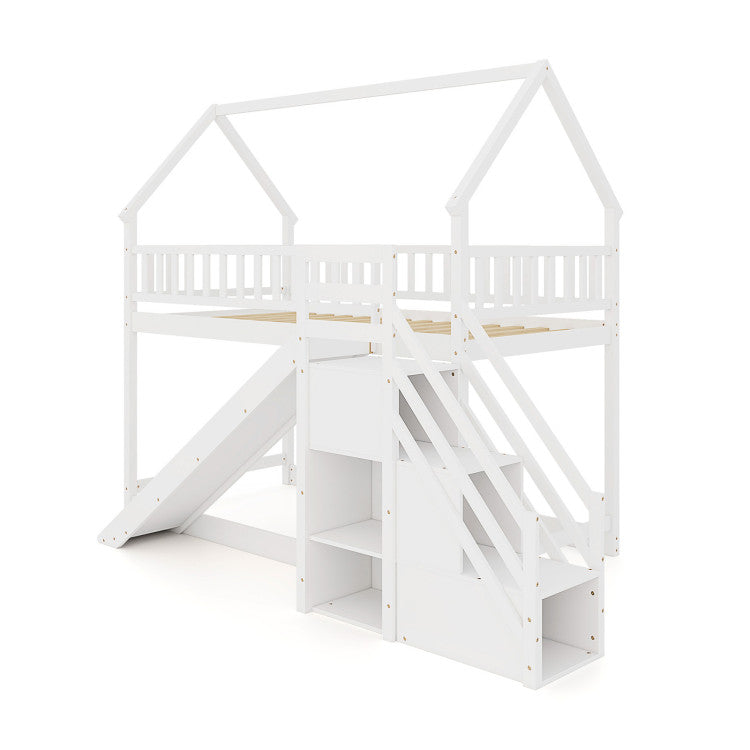 Twin Over Twin Bunk Bed with Slide & Staircase