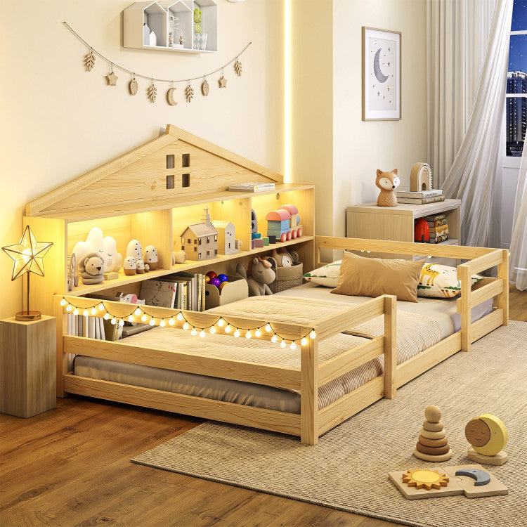 Montessori House Floor Bed with Storage & LED Lights