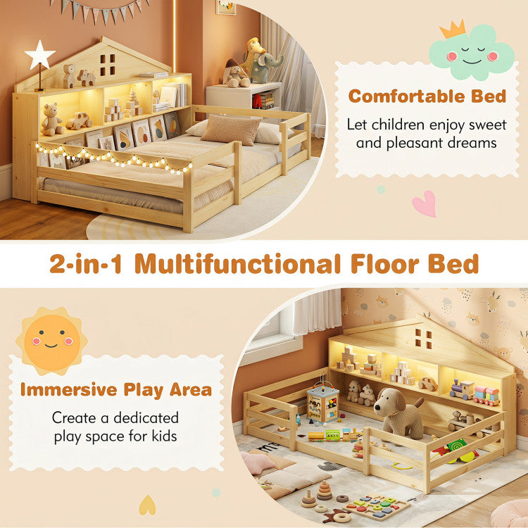 Montessori House Floor Bed with Storage & LED Lights