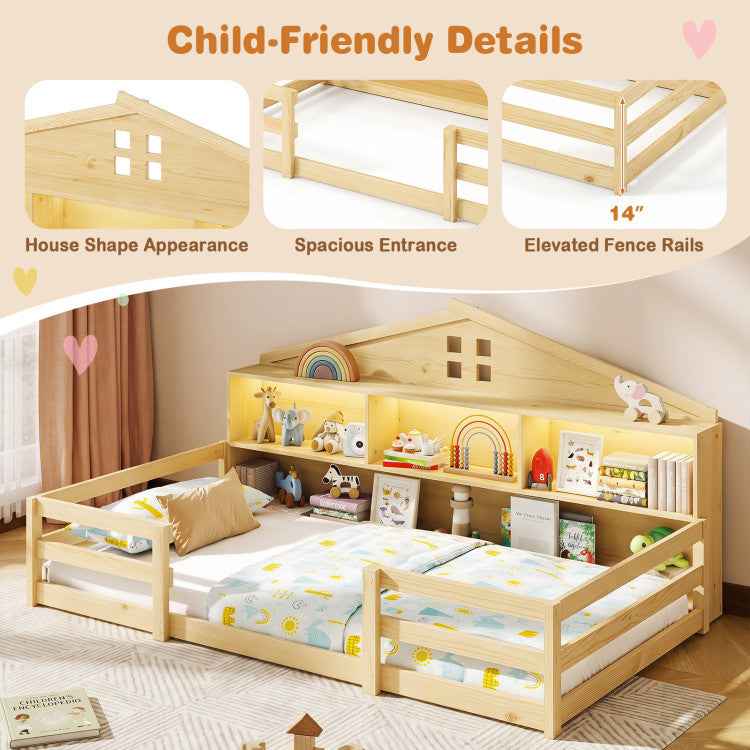 Montessori House Floor Bed with Storage & LED Lights