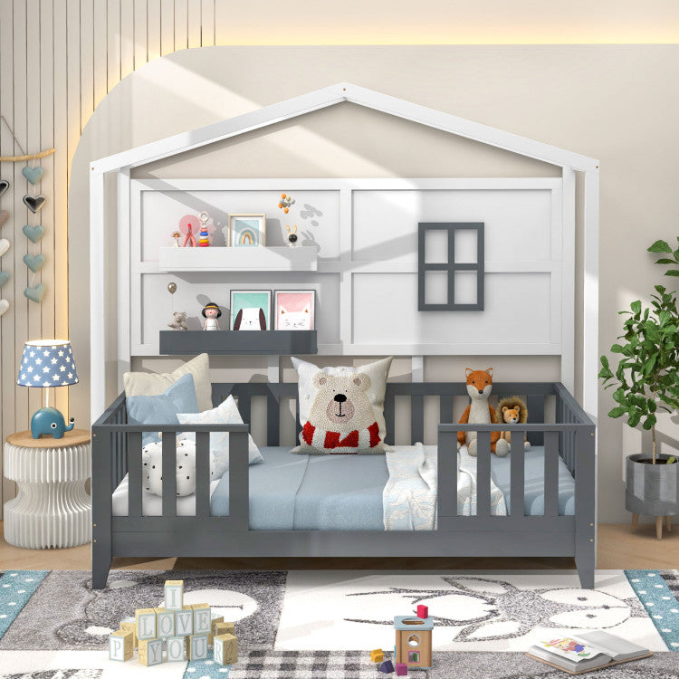 Twin Size Montessori Floor Bed with House Frame & Storage Shelves