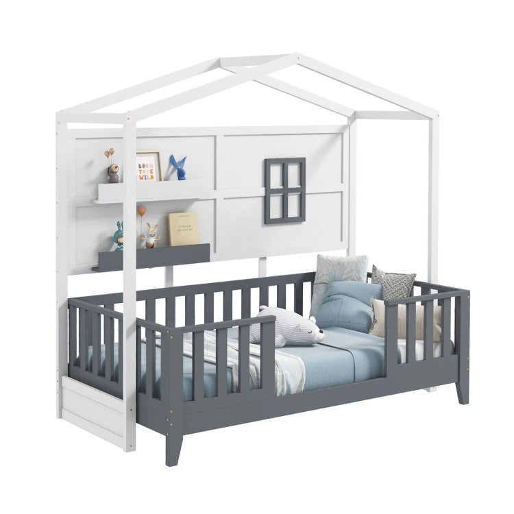 Twin Size Montessori Floor Bed with House Frame & Storage Shelves