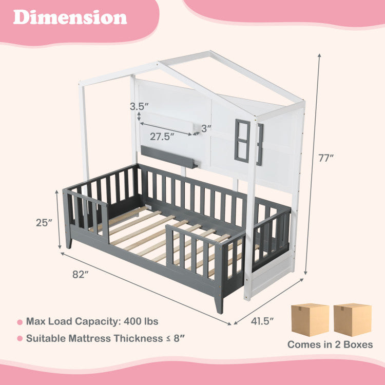 Twin Size Montessori Floor Bed with House Frame & Storage Shelves
