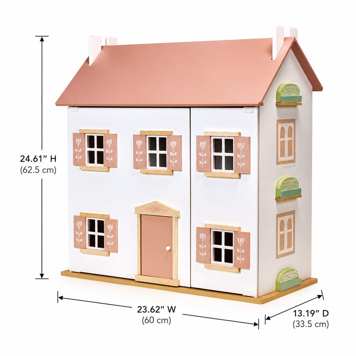 Floral Themed 3-Story Wooden Dollhouse with Furniture