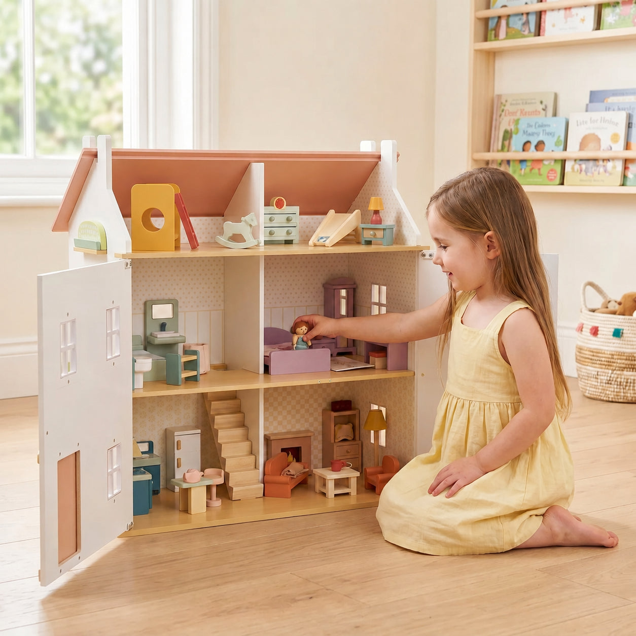 Floral Themed 3-Story Wooden Dollhouse with Furniture
