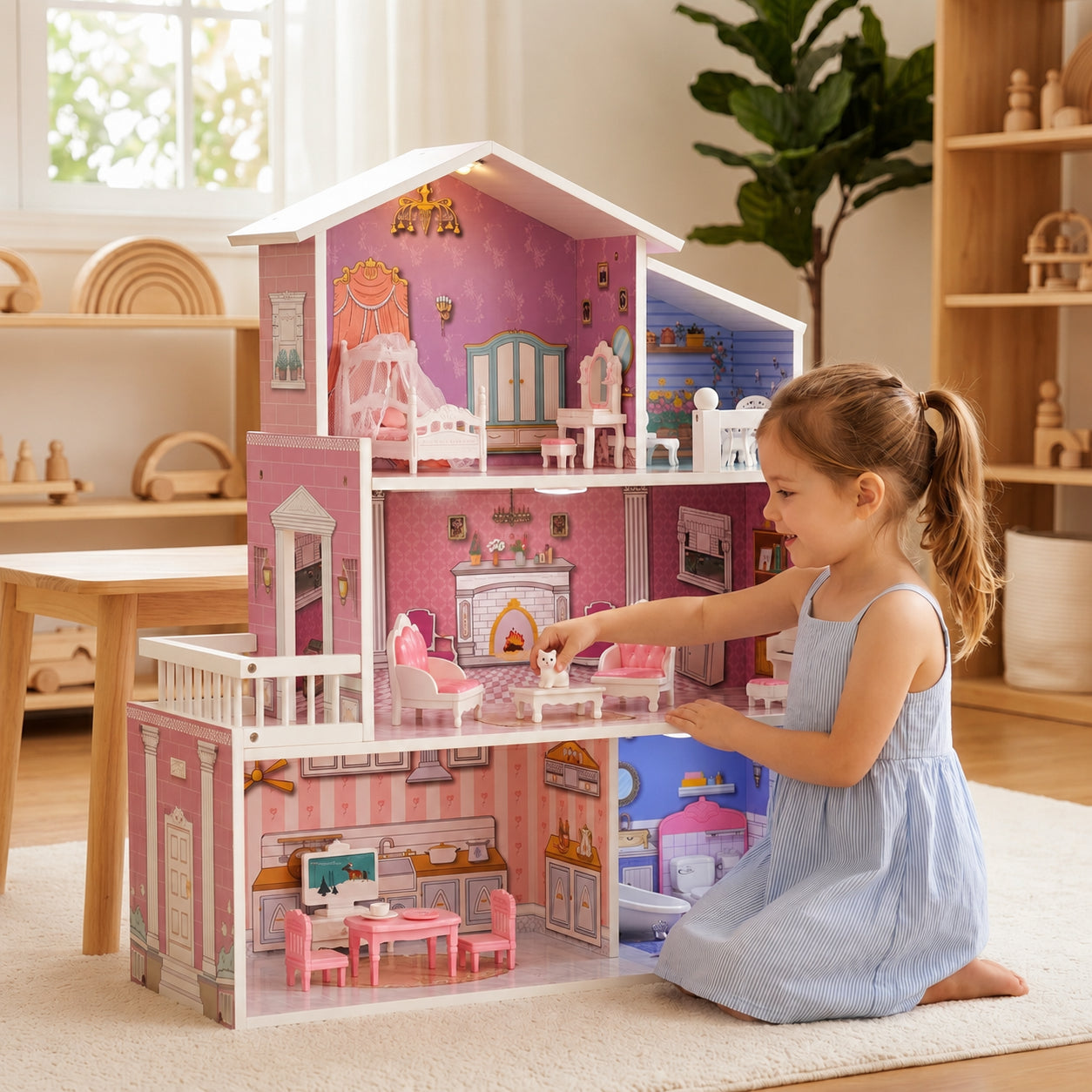 3-Story Wooden Dollhouse with 24-Piece Furniture Set & Garden Balcony