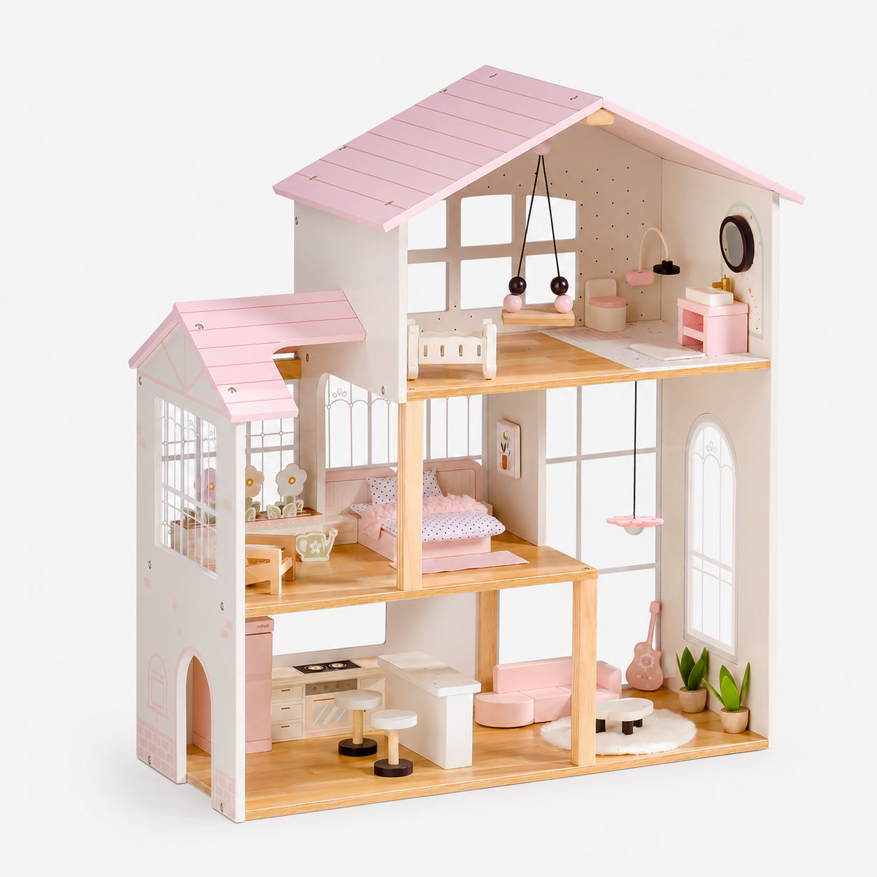 3-Story Wooden Dollhouse with Sunroom
