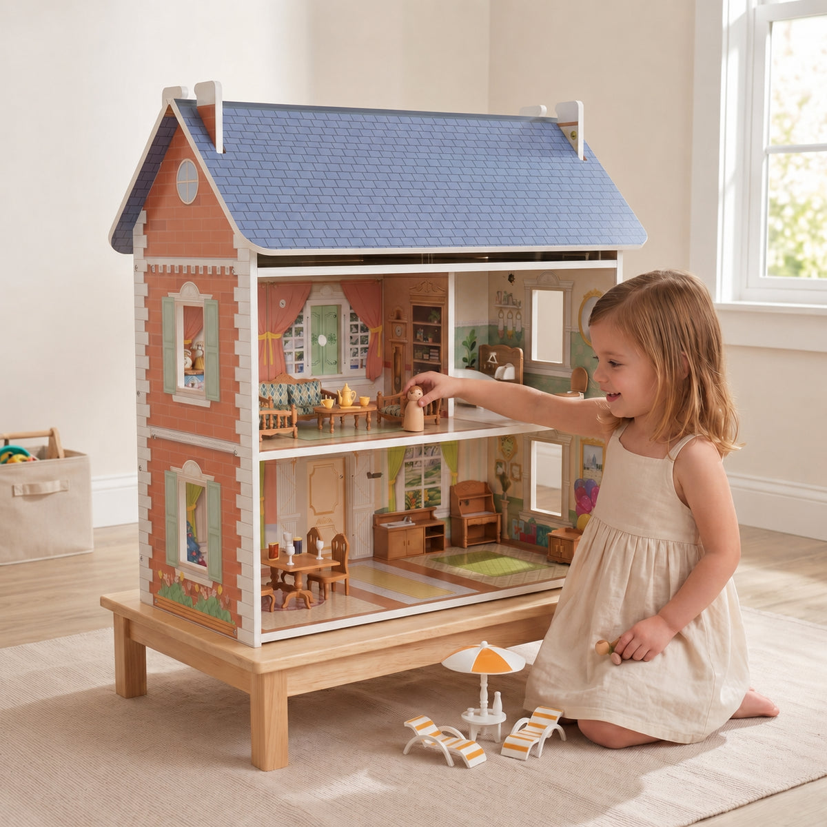 Vintage Brick Red Wooden Dollhouse with Furniture