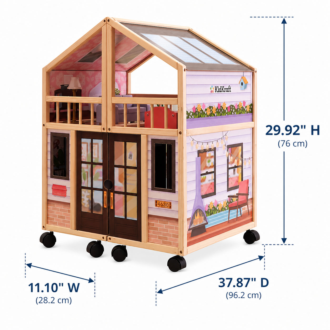 29-Piece Foldable Wooden Dollhouse on Wheels