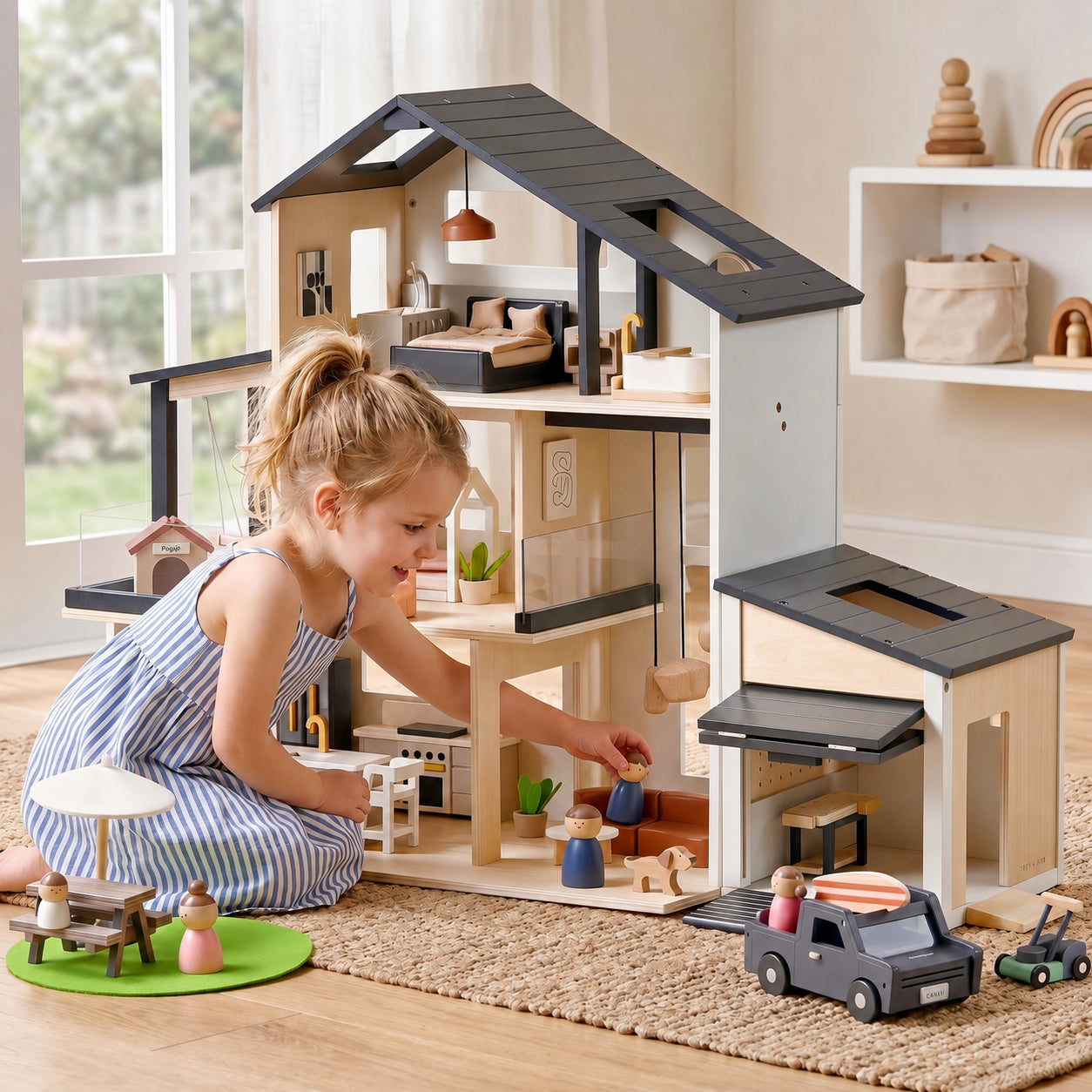 Modern Wooden Dollhouse with Garage