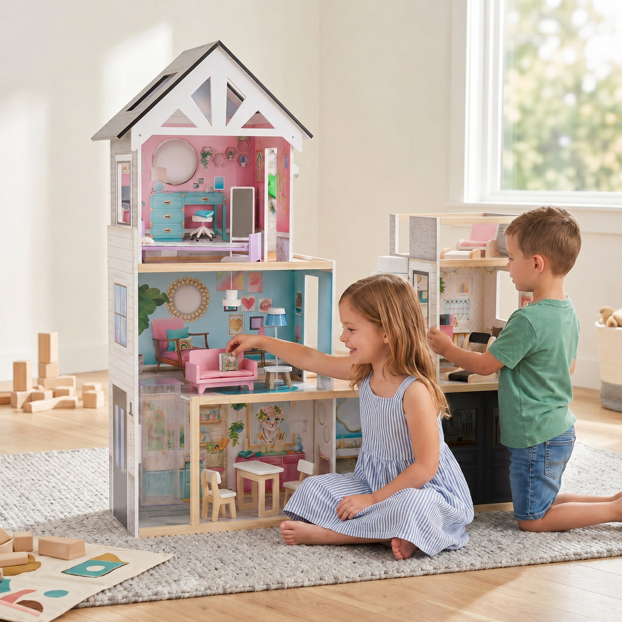3-Story Wooden Dollhouse with Elevator
