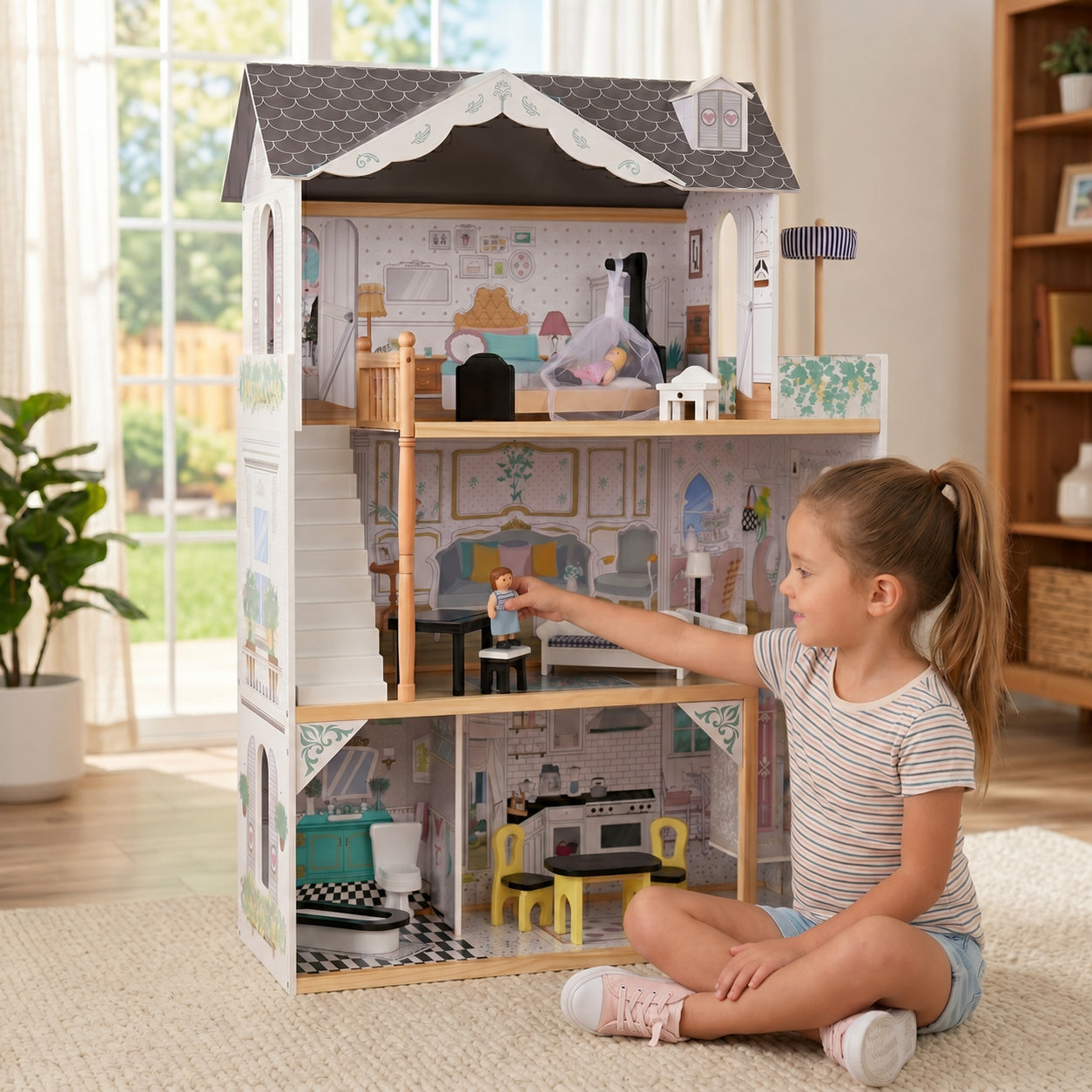 3-Story Wooden Dollhouse with Elevator & Balcony
