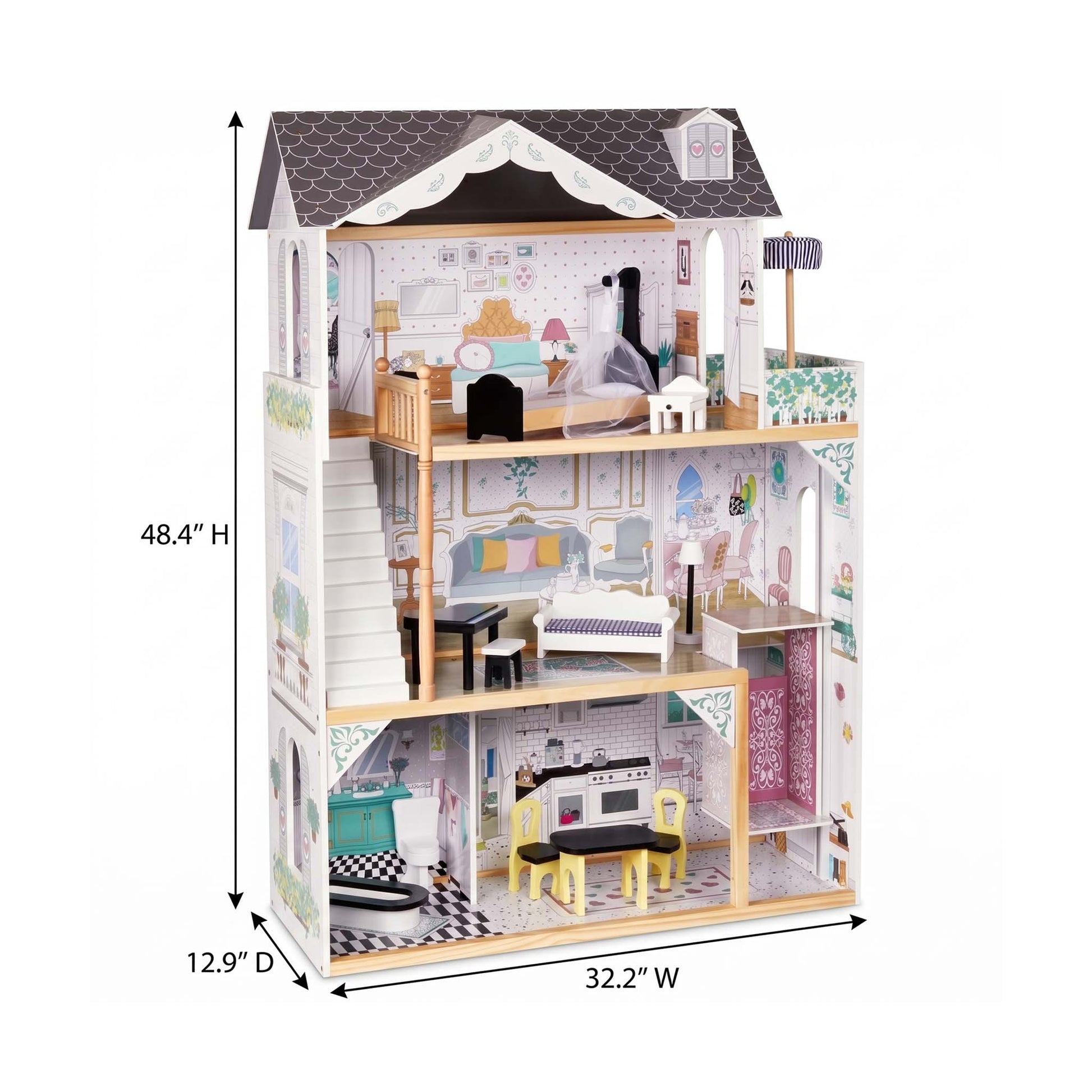 3-Story Wooden Dollhouse with Elevator & Balcony