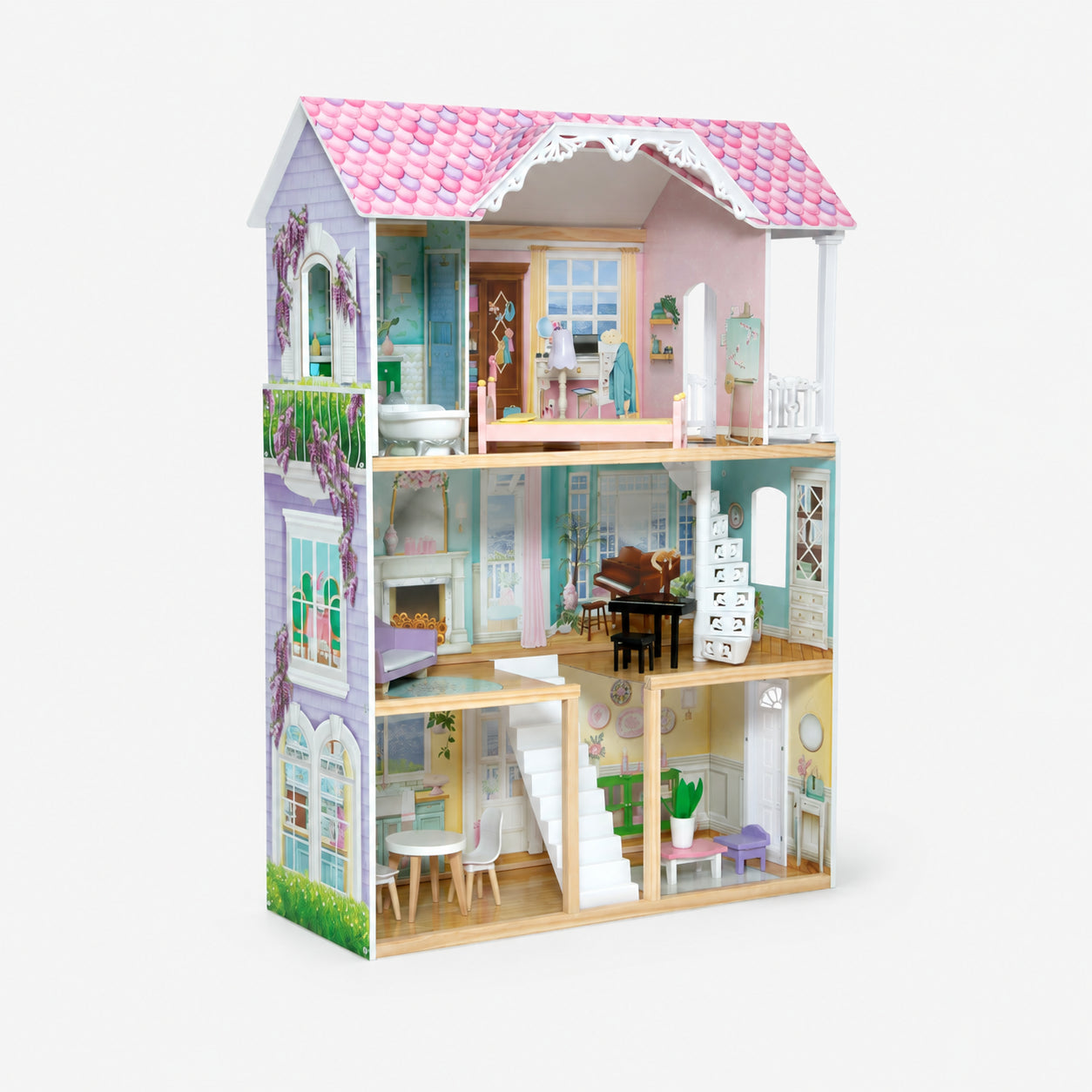 Large 3-Story Wooden Dollhouse with Spiral Staircase