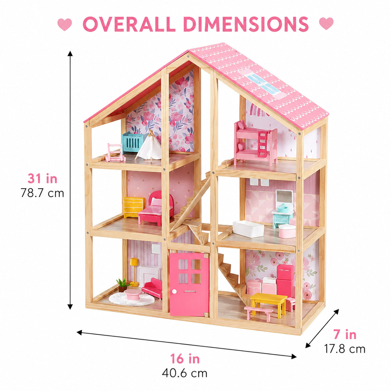 Classic 3-Story Wooden Dollhouse with 31-Piece Furniture