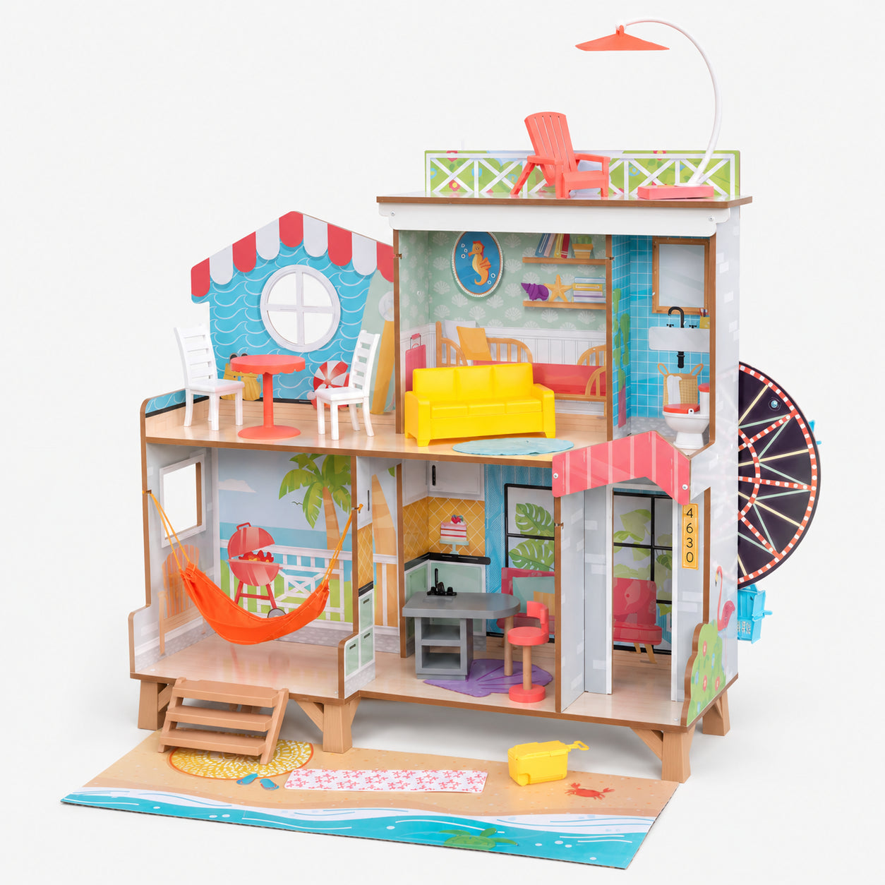 Double-Sided Wooden Beach Dollhouse with Manual Ferris Wheel