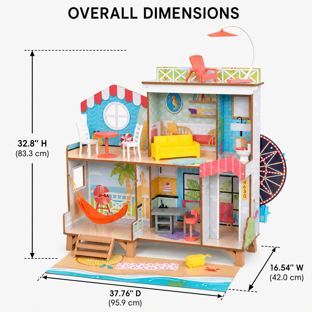 Double-Sided Wooden Beach Dollhouse with Manual Ferris Wheel