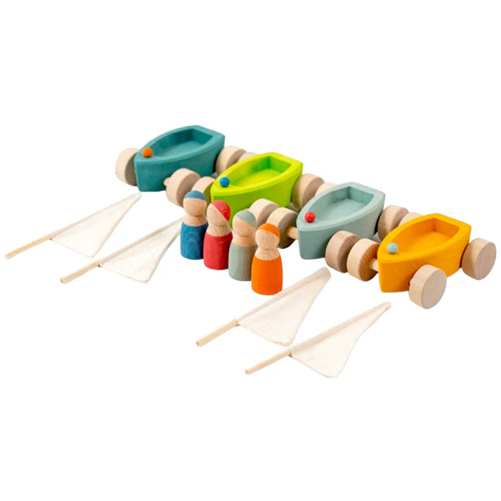 4-Piece Wooden Land Yachts & Peg Doll Sailors Set