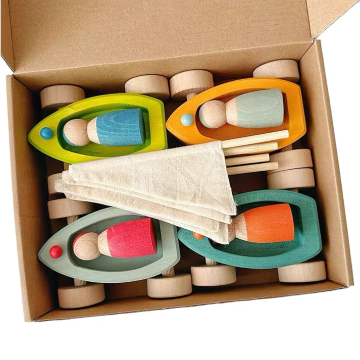 4-Piece Wooden Land Yachts & Peg Doll Sailors Set