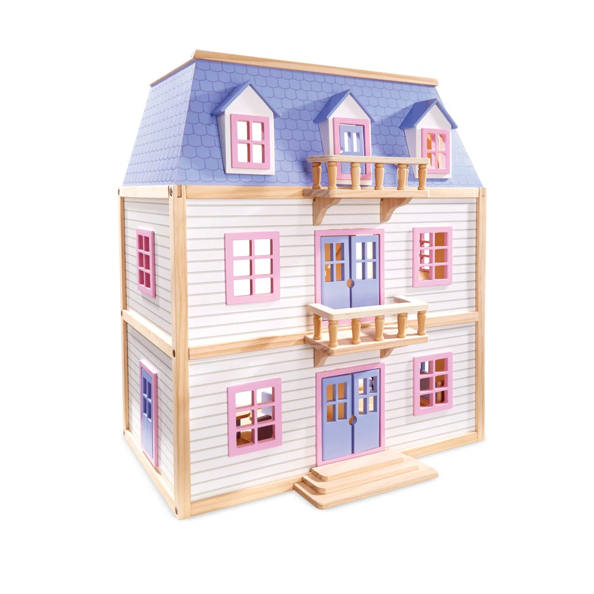 Classic Pink 3-Level Wooden Dollhouse with 19-Piece Hand-Painted Furniture