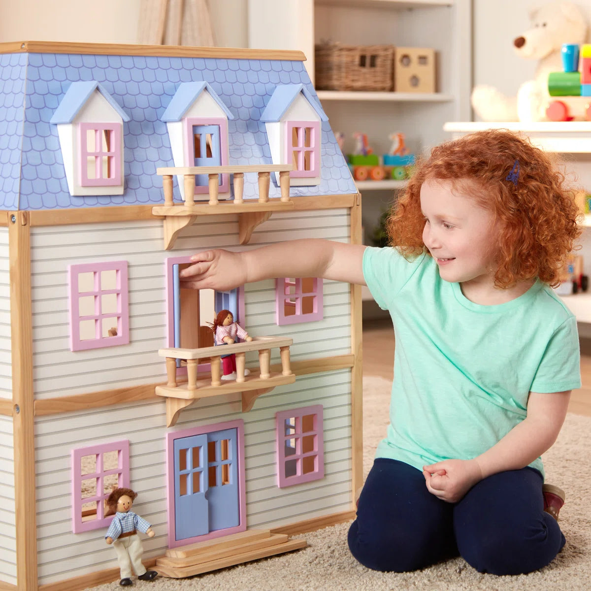 Classic Pink 3-Level Wooden Dollhouse with 19-Piece Hand-Painted Furniture