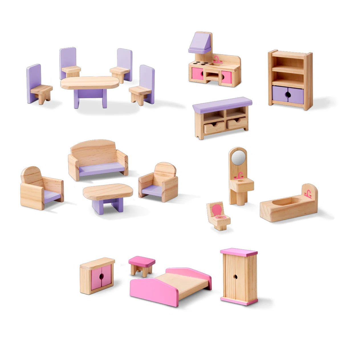 Classic Pink 3-Level Wooden Dollhouse with 19-Piece Hand-Painted Furniture