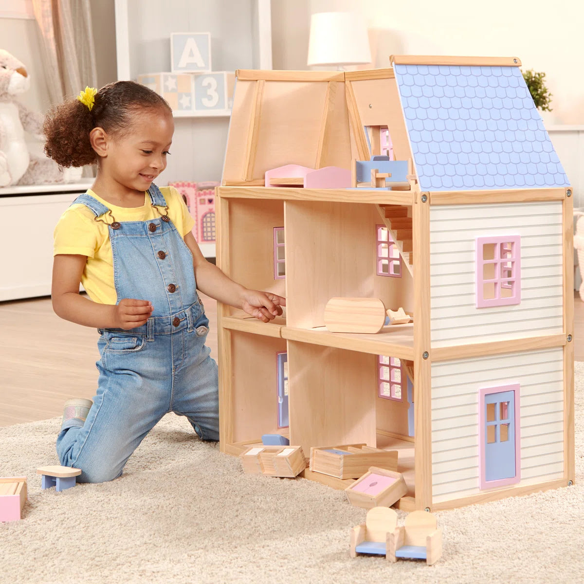 Classic Pink 3-Level Wooden Dollhouse with 19-Piece Hand-Painted Furniture