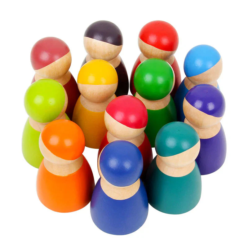 12-Piece Montessori Wooden Rainbow Peg Dolls Open-Ended Play