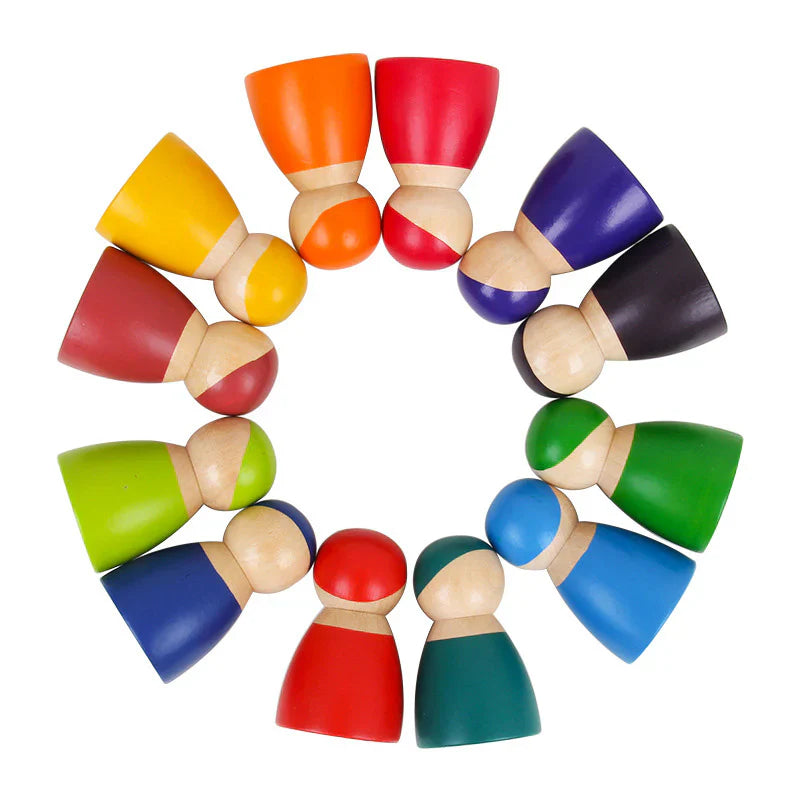 Montessori Wooden Rainbow Peg Dolls, Open-Ended Play, 12 Pieces