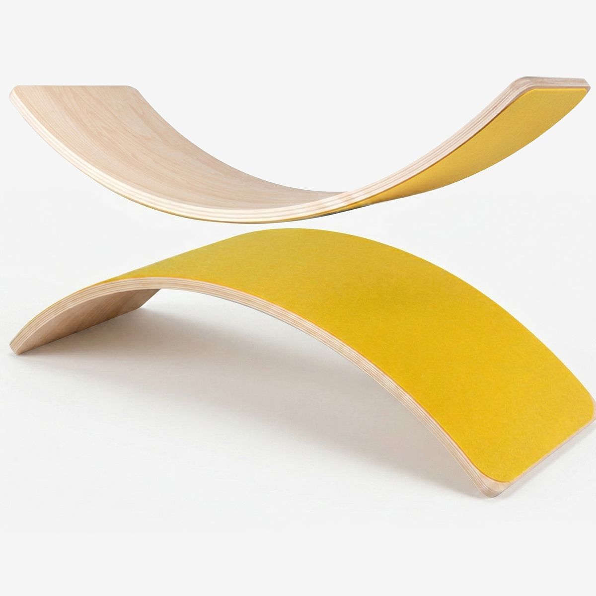 Bright yellow wooden balance board curved rocker for coordination training