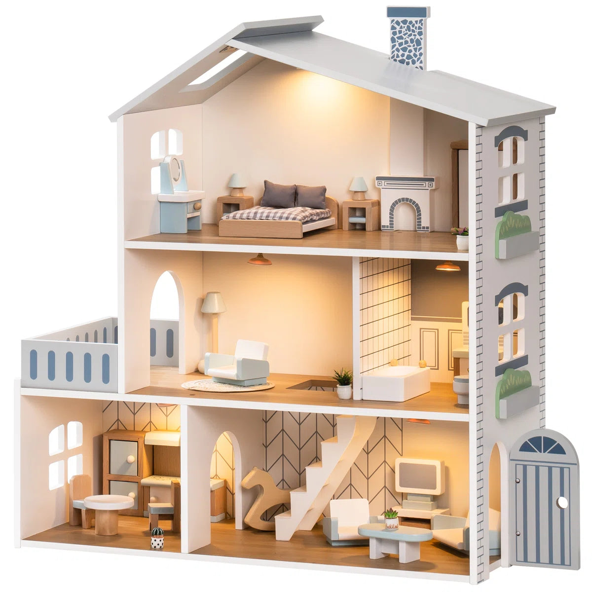 29-Piece Furnished Illuminated Wooden Dollhouse