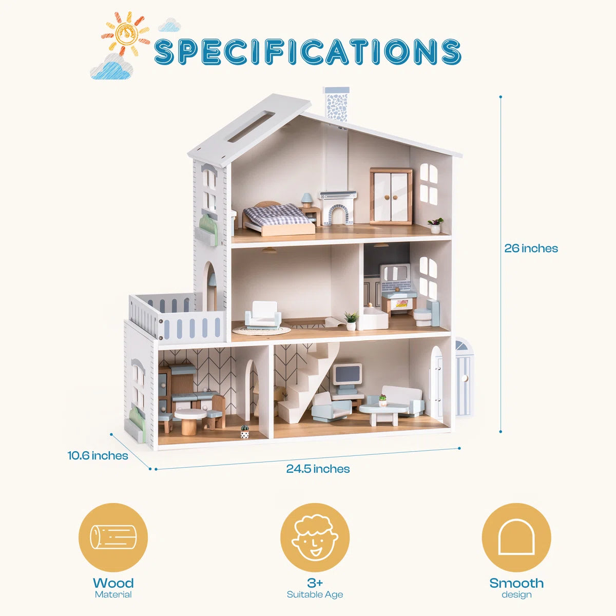 29-Piece Furnished Illuminated Wooden Dollhouse