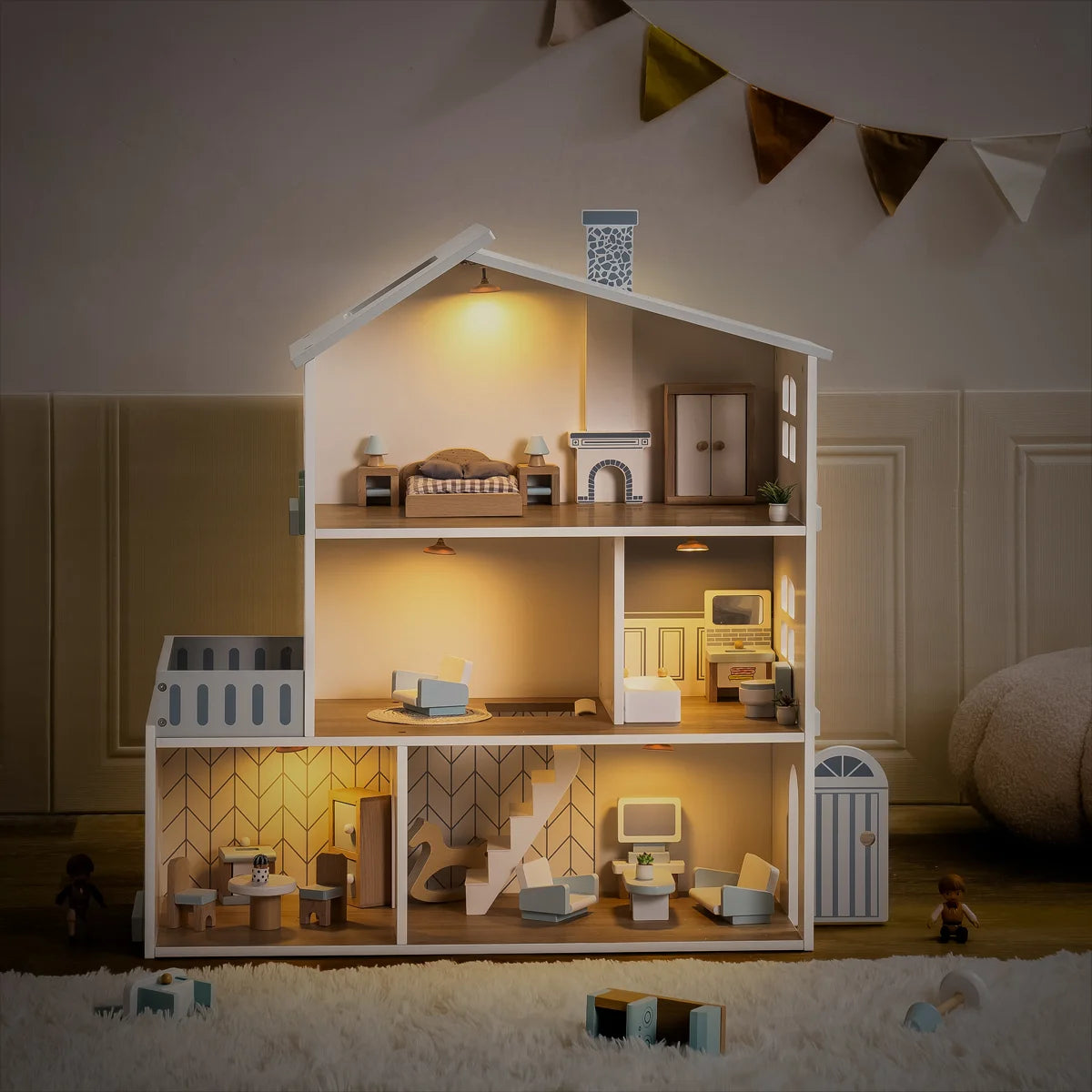 29-Piece Furnished Illuminated Wooden Dollhouse