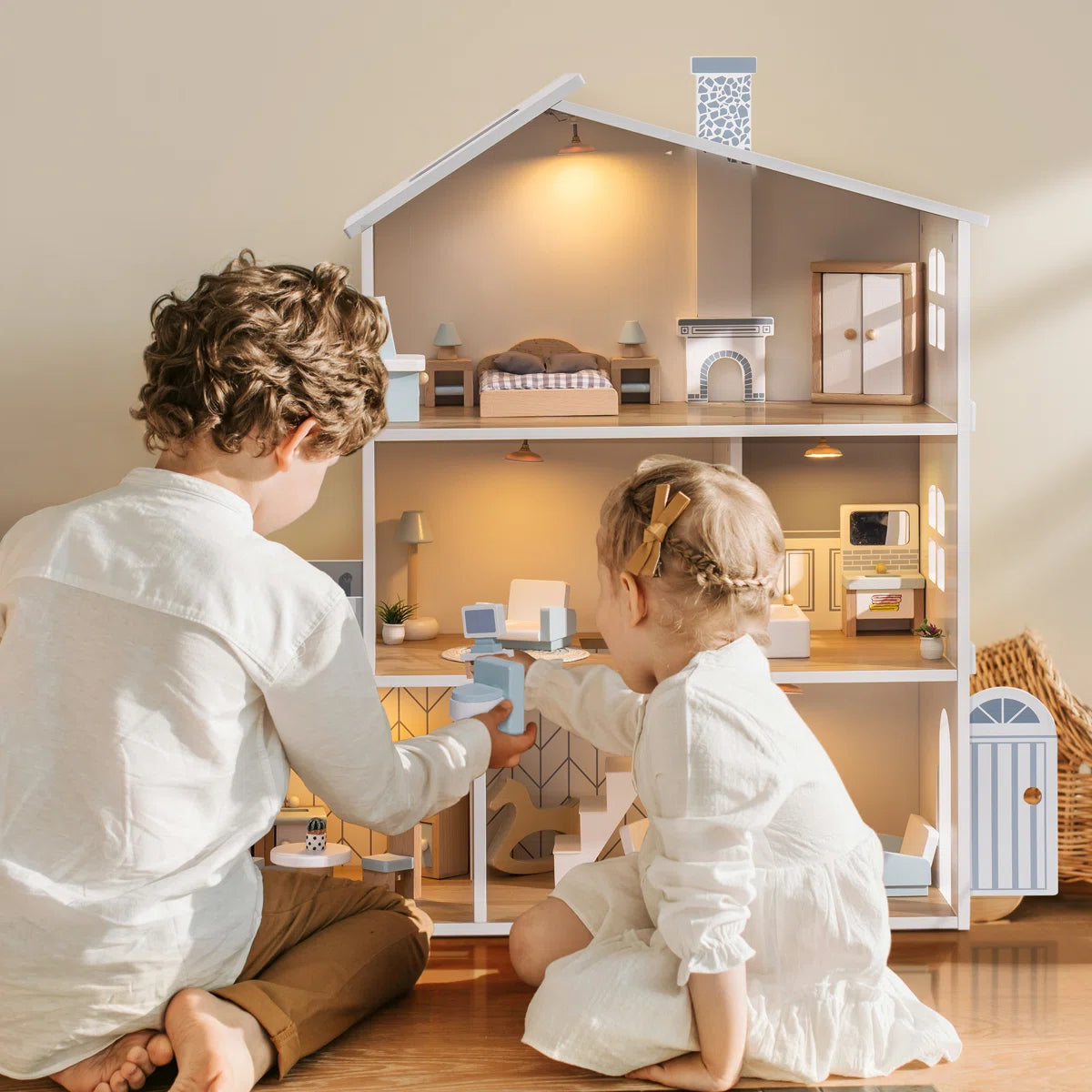 29-Piece Furnished Illuminated Wooden Dollhouse