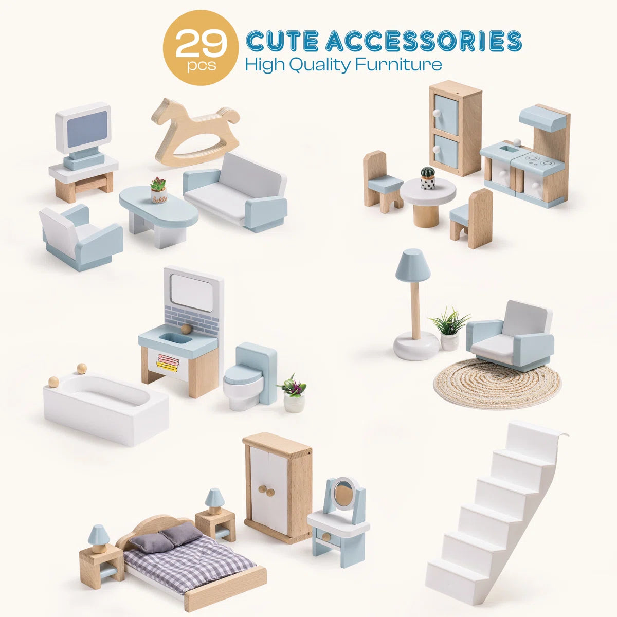 29-Piece Furnished Illuminated Wooden Dollhouse