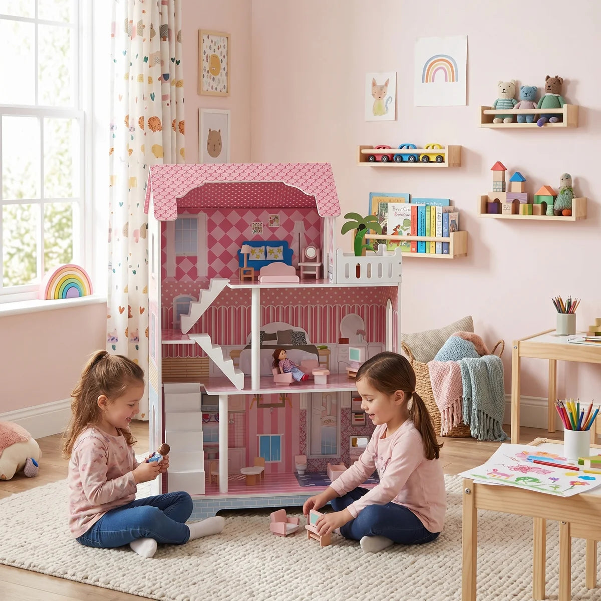 3-Story Wooden Dollhouse with Skylights
