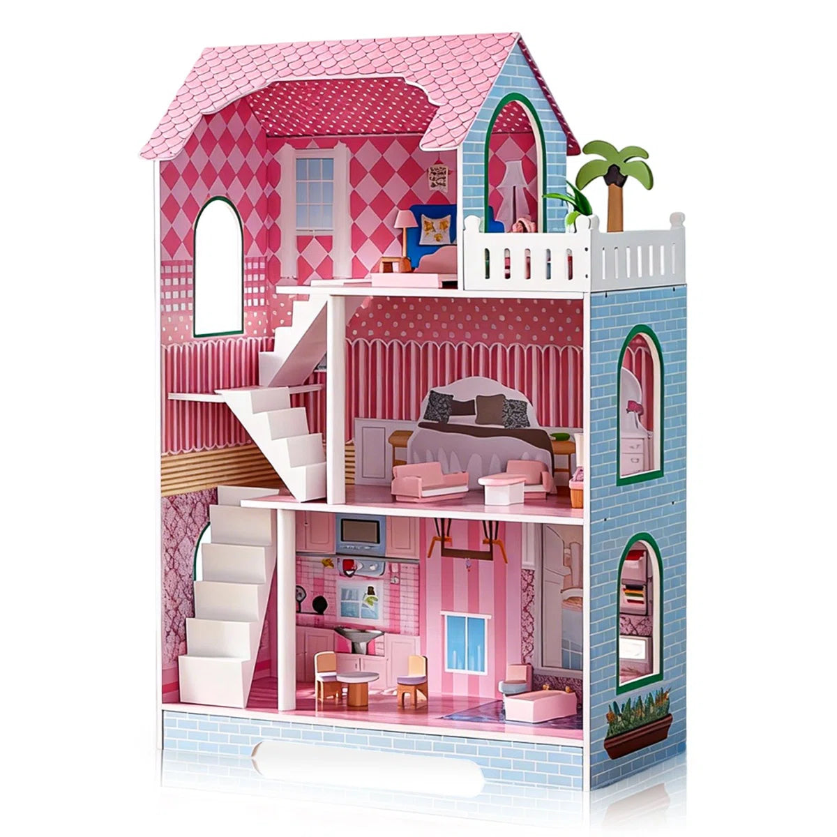 3-Story Wooden Dollhouse with Skylights