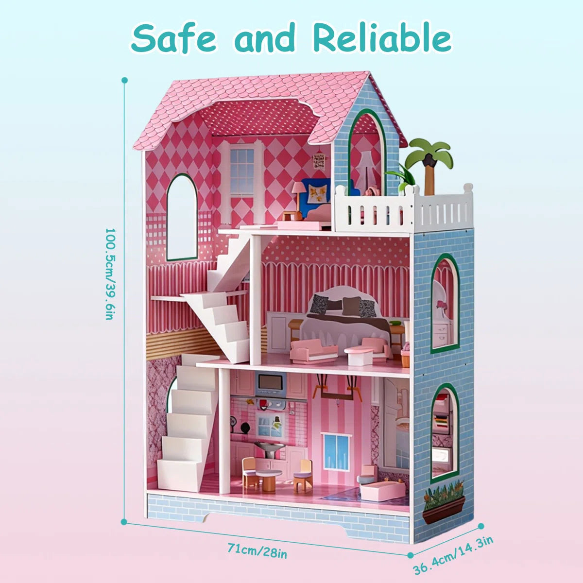 3-Story Wooden Dollhouse with Skylights