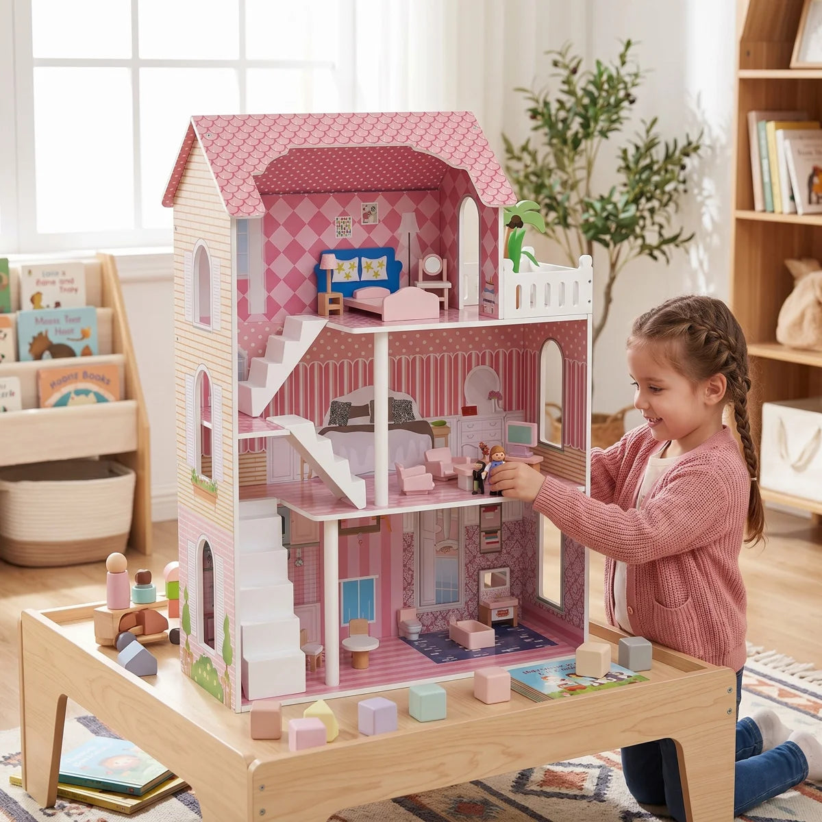 3-Story Wooden Dollhouse with Skylights