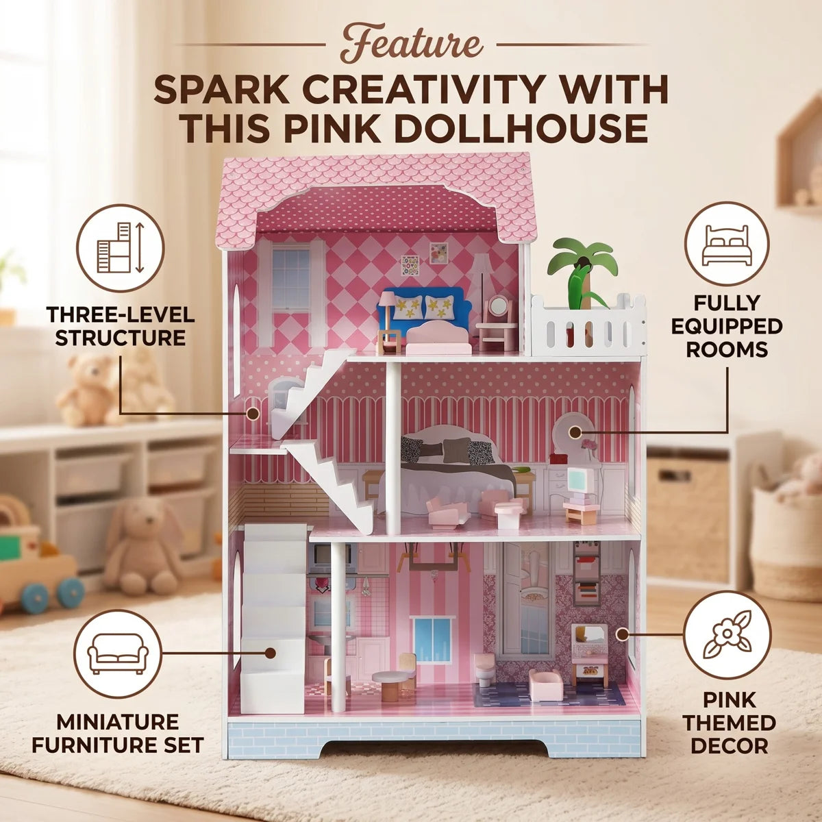 3-Story Wooden Dollhouse with Skylights
