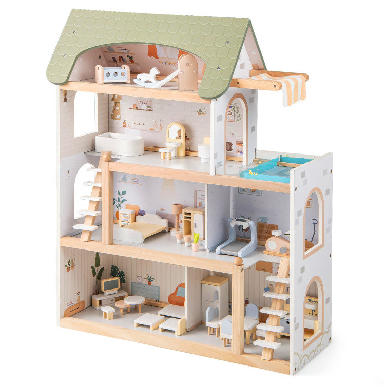 Large Wooden Dollhouse with 33-Piece Furniture Set