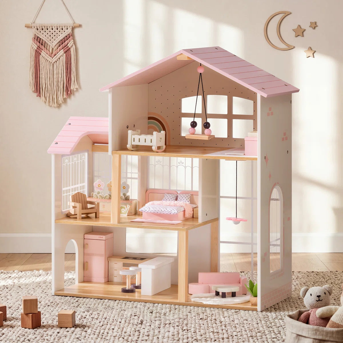 3-Story Wooden Dollhouse with Sunroom